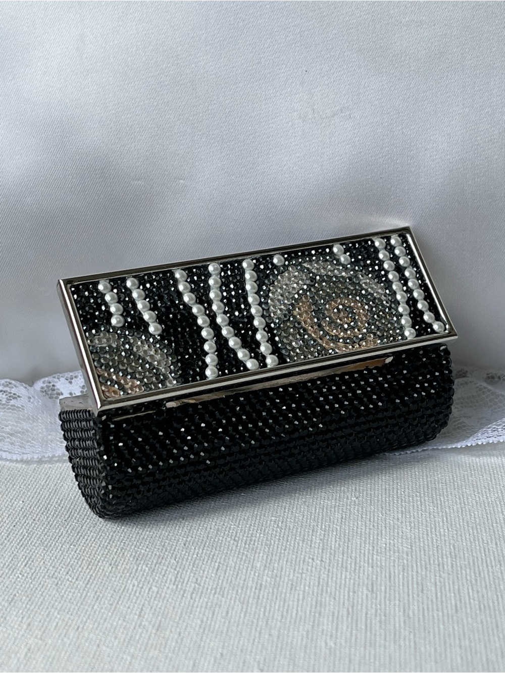 Judith Leiber Black, Silver, Gold, Pearl, Floral Crystal Compact, EUC